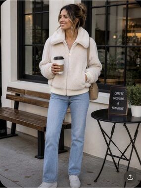Cream Teddy Bomber Jacket Faux Fur Sherpa Cropped Cozy Size S